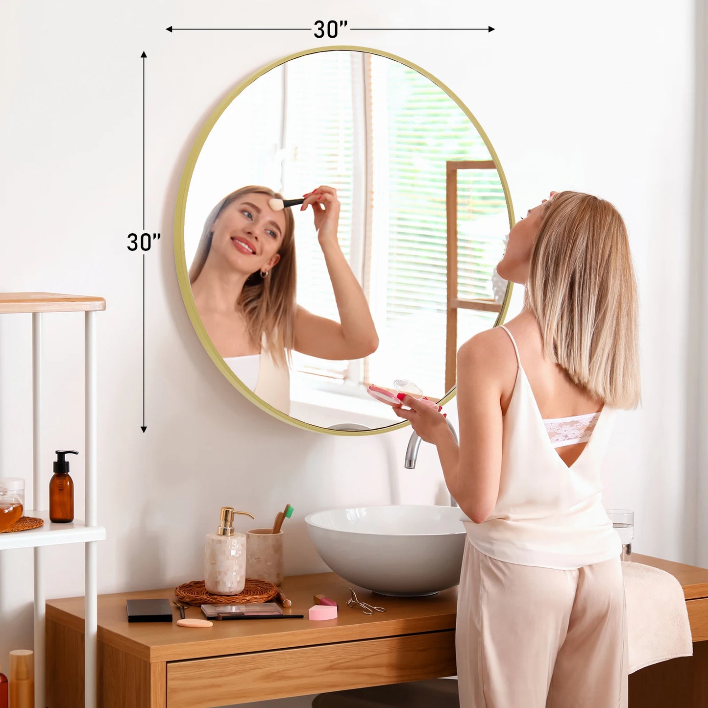 JHK Large Gold Round Vanity Framed Mirror for Wall