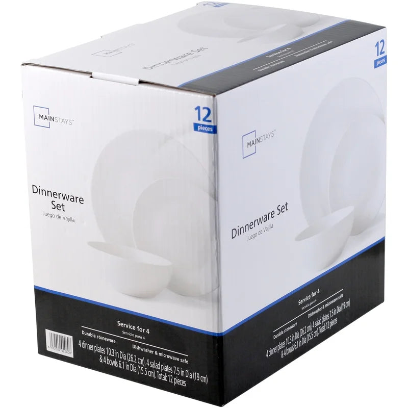 12-Piece White Stoneware Dinnerware Set of 4