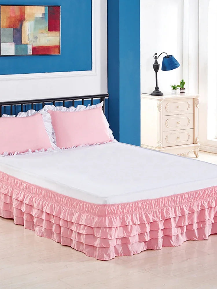4 Layers Ruffled Bed Skirt Wrap Around Elastic bed skirt
