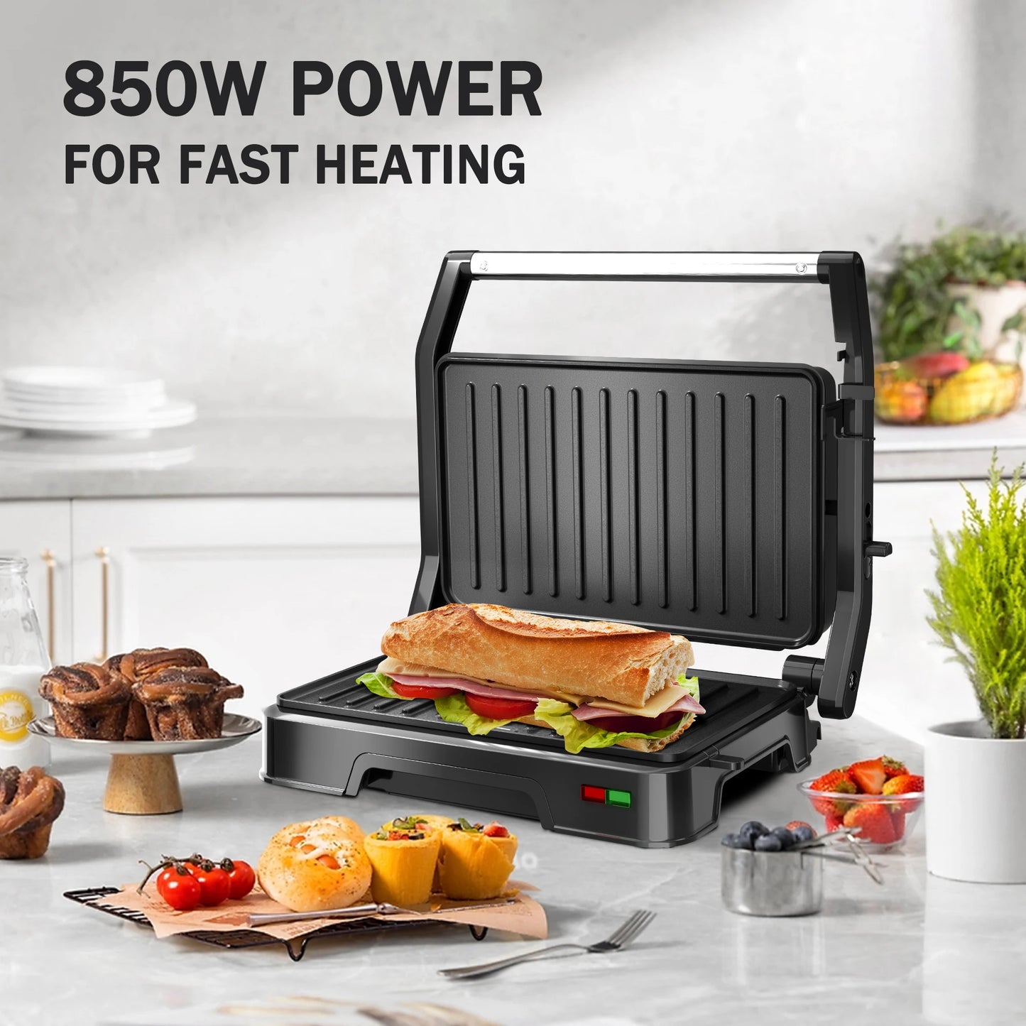 Panini Press Sandwich Maker, 850W Grill