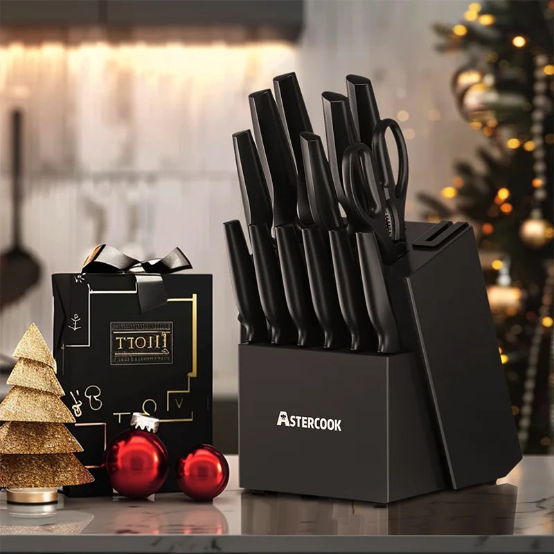 Astercook Kitchen Knife Set with Built-in Sharpener                 Block          Dishwasher Safe, 15 Pieces German Stainless Steel Knife Block Set