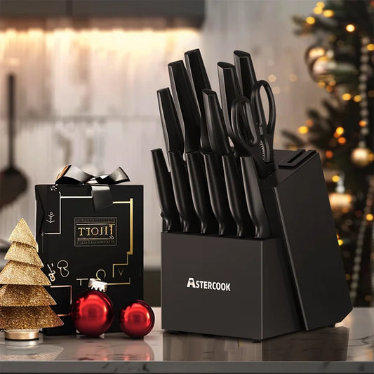 Astercook Kitchen Knife Set with Built-in Sharpener                 Block          Dishwasher Safe, 15 Pieces German Stainless Steel Knife Block Set