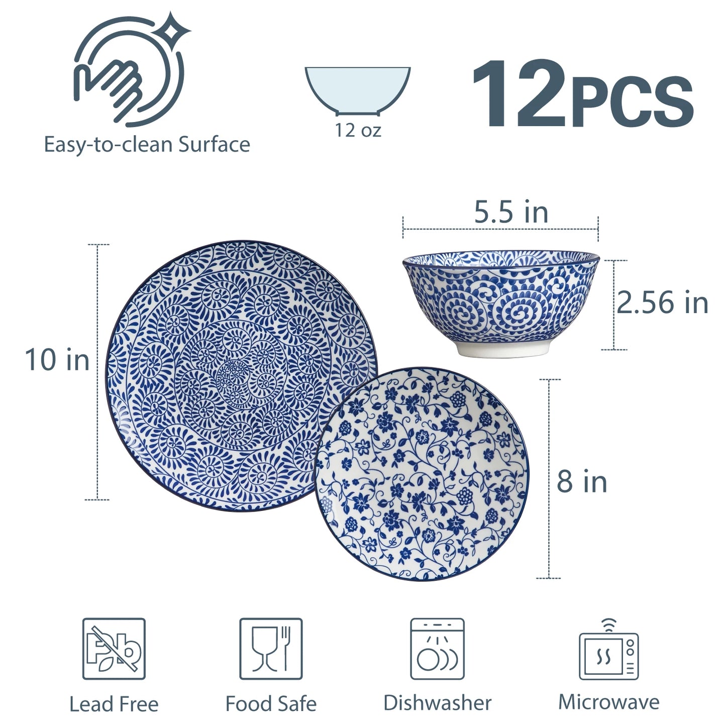 12pcs, Plates and Bowls, Dish Sets for 4