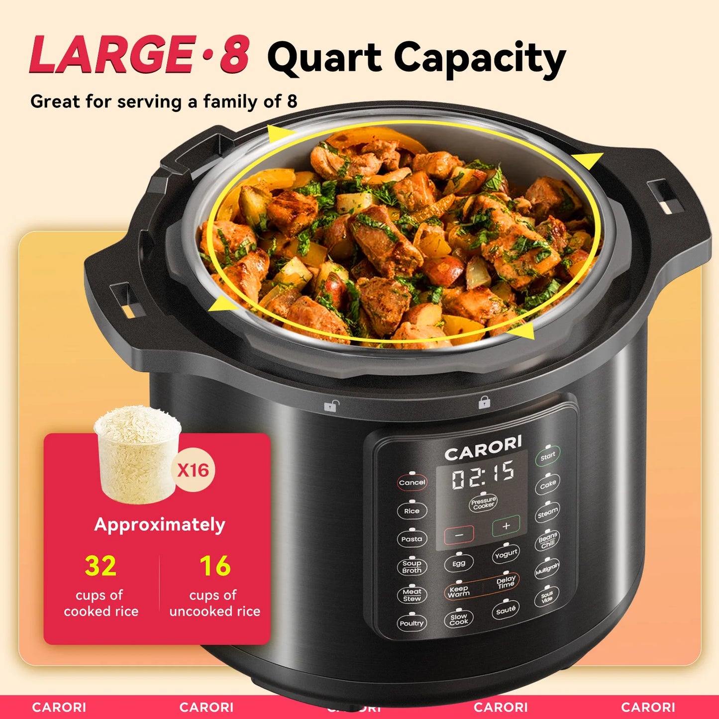 1200W 12-in-1 Electric Pressure Cooker 8Qt, Stainless Steel