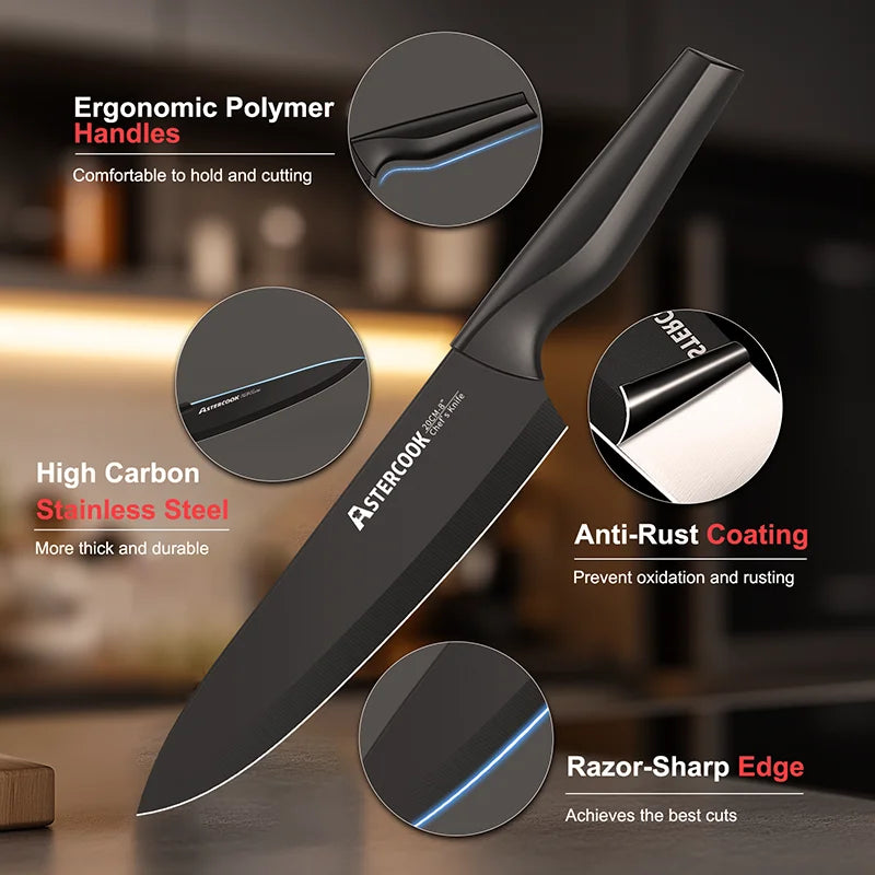 Astercook Kitchen Knife Set with Built-in Sharpener                 Block          Dishwasher Safe, 15 Pieces German Stainless Steel Knife Block Set