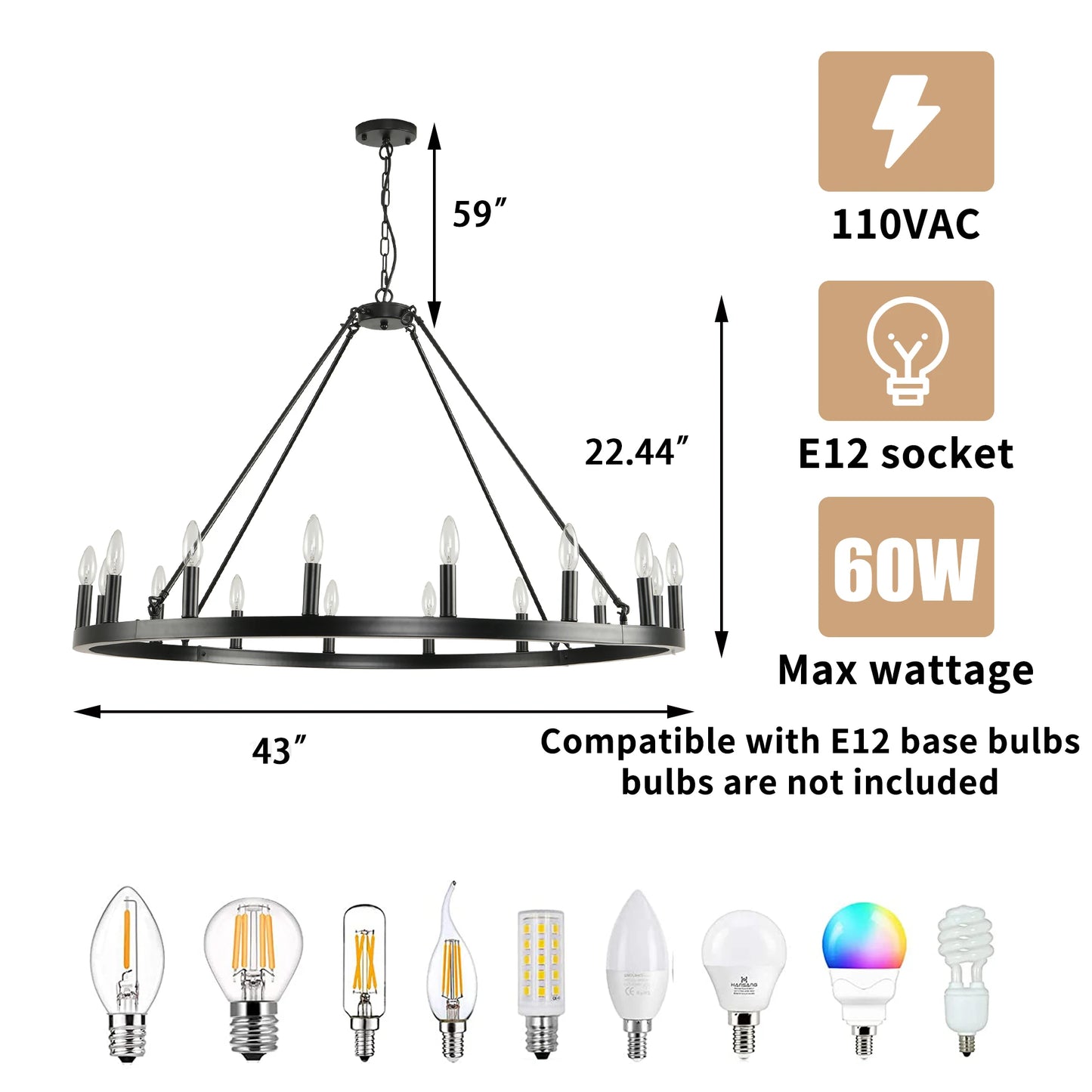 16-Light Wagon Wheel Chandelier Round Matte 43 inch