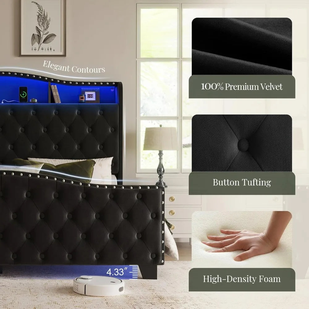 King Size Bed Frame and Headboard,with LED Lights & Storage