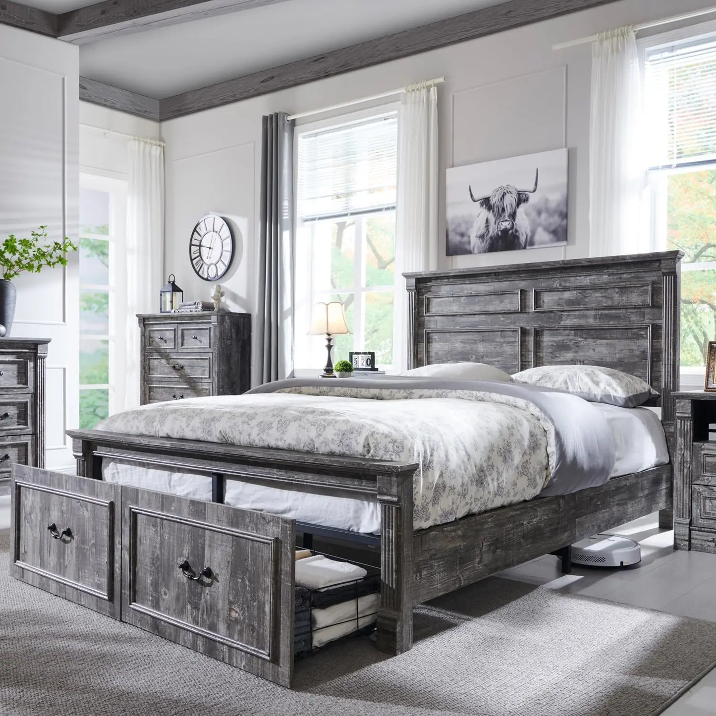 Farmhouse Queen Size Bed Frame, with 51" Tall Headboard
