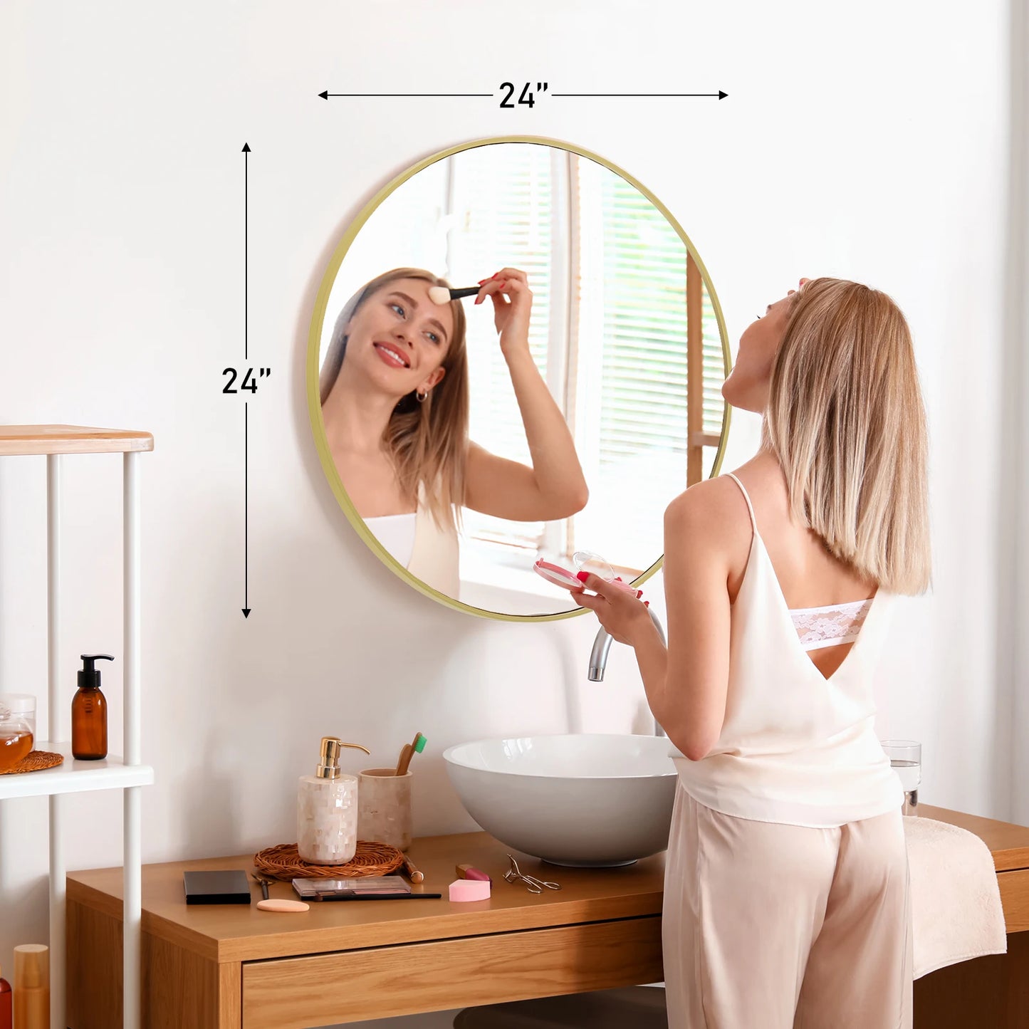 JHK Large Gold Round Vanity Framed Mirror for Wall
