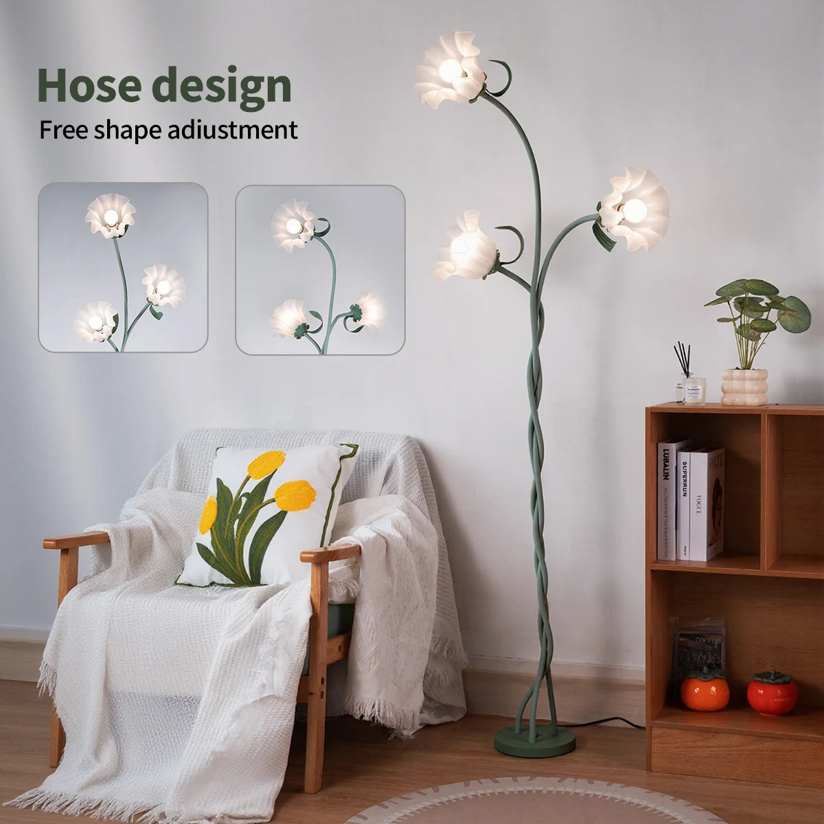 Retro 3-Head Flower Floor Lamp, Contains Bulb, 3-Color Dimmable,