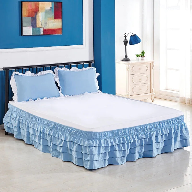 4 Layers Ruffled Bed Skirt Wrap Around Elastic bed skirt