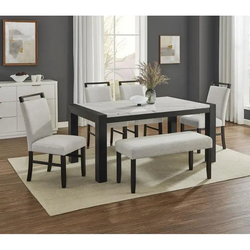 Contemporary 6-Piece Dining Set with White Faux Marble Rectangular Table