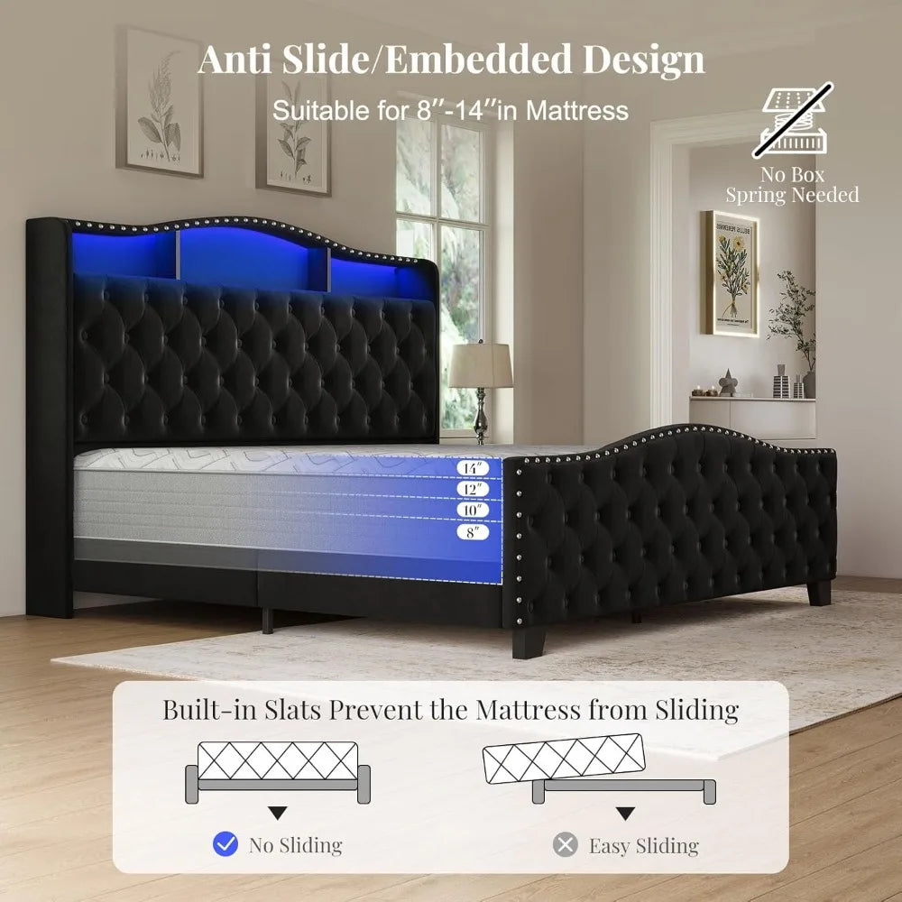 King Size Bed Frame and Headboard,with LED Lights & Storage