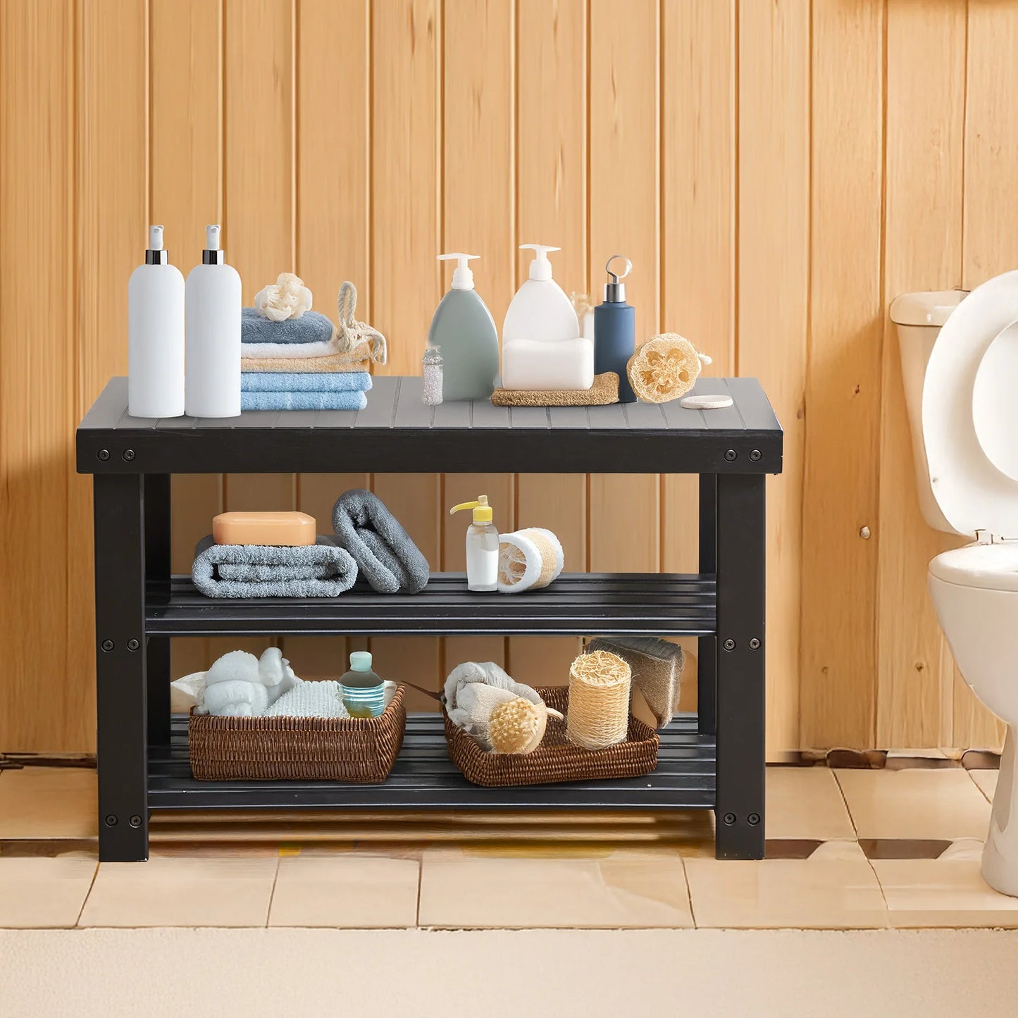 JHK Living Room 3-Tier Bamboo Shoe Rack Bench