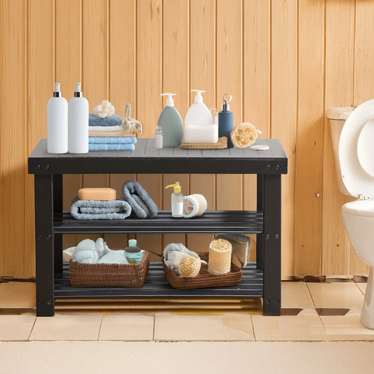 JHK Living Room 3-Tier Bamboo Shoe Rack Bench