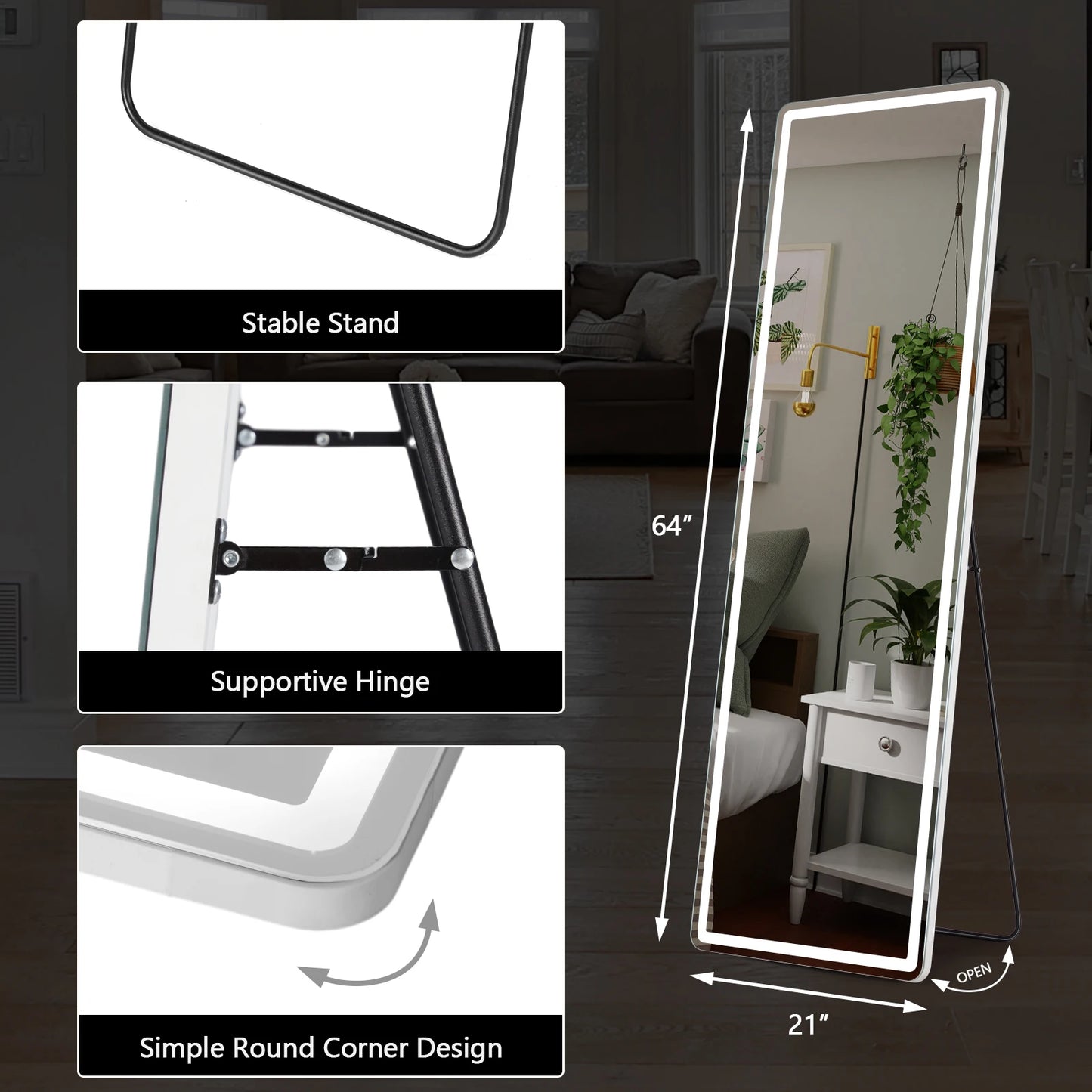 JHK Led 64"x21" Full Length Mirror/Aluminum Alloy Frame
