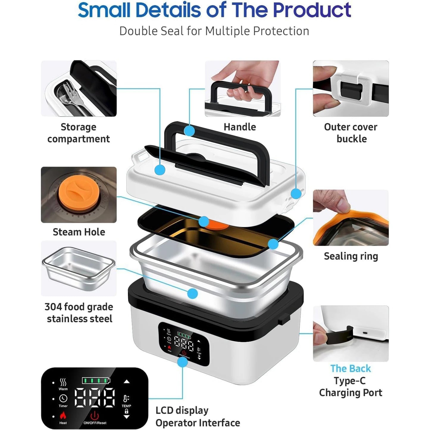 8000mAh Rechargeable Timer Automatic Heating Lunch Box