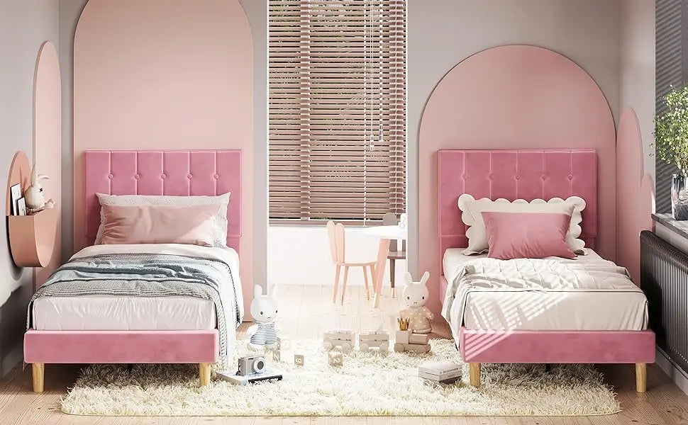 LIKIMIO Twin Bed Frames, Velvet Upholstered Platform