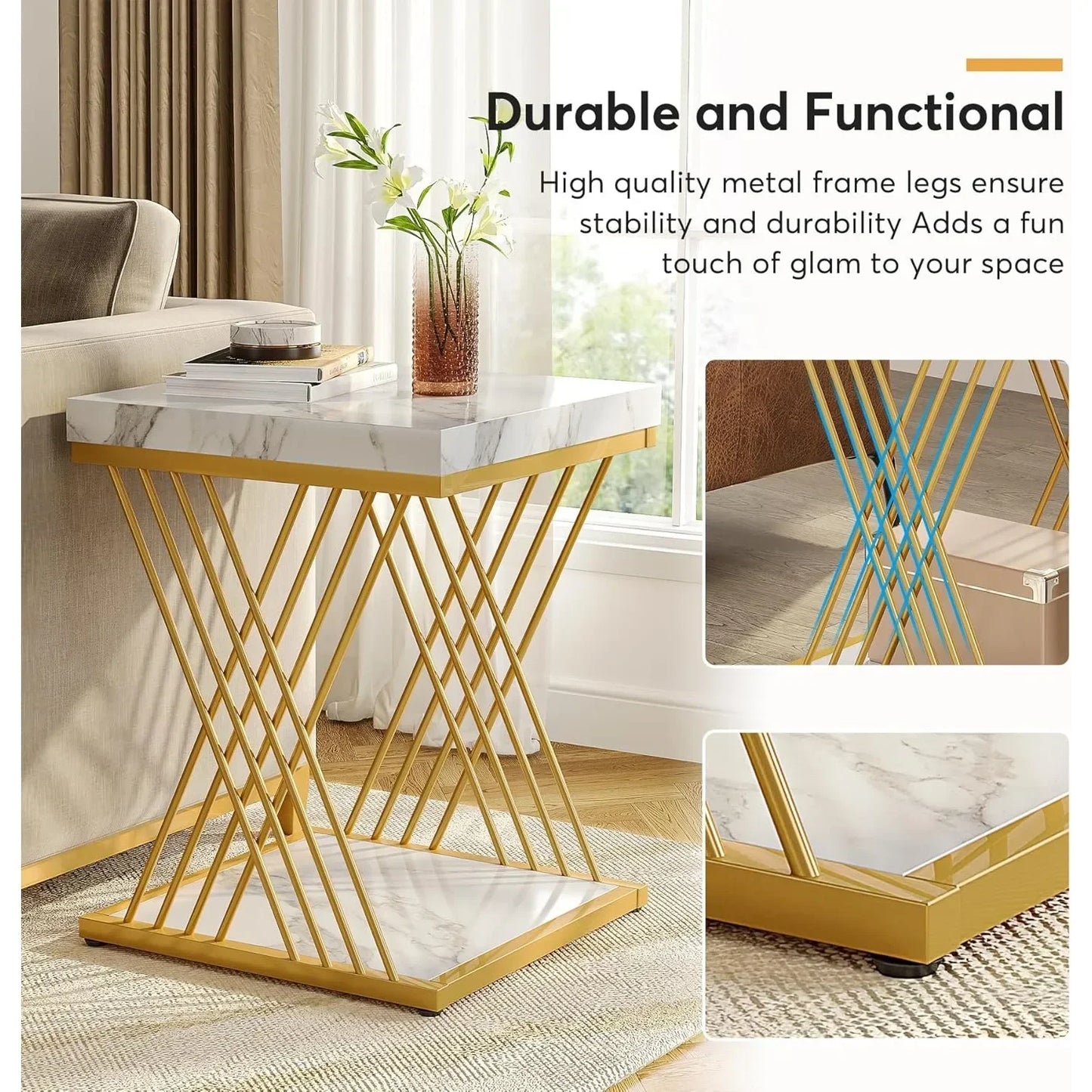 Square End Table White Gold 2-Tier Side Table Modern
