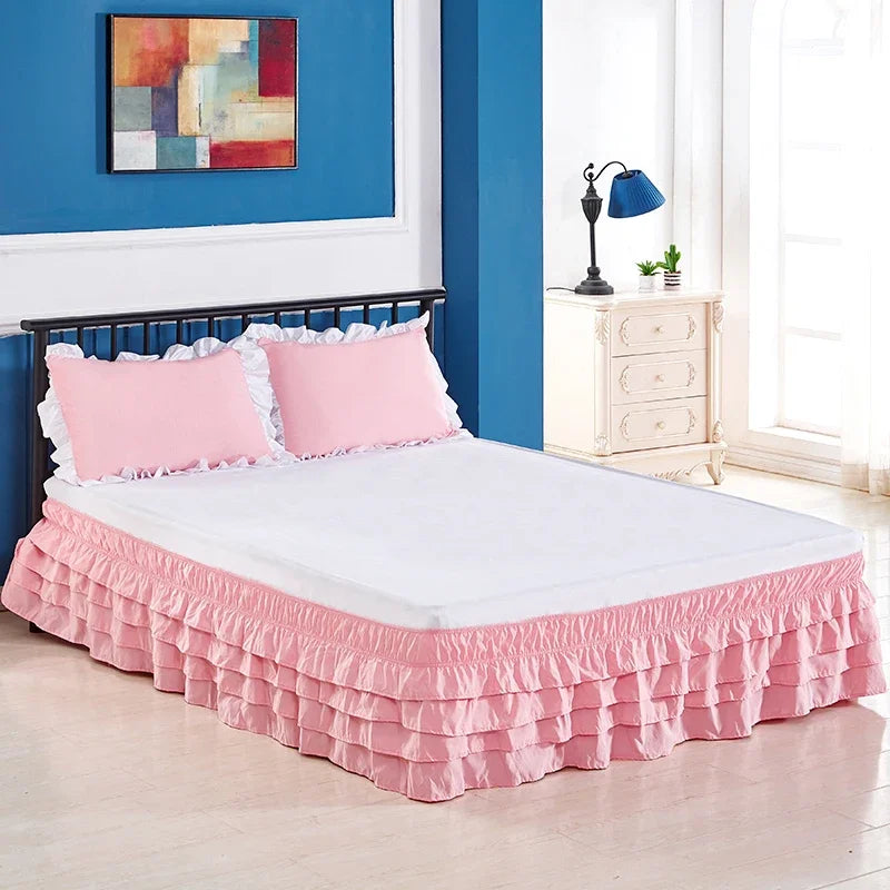 4 Layers Ruffled Bed Skirt Wrap Around Elastic bed skirt