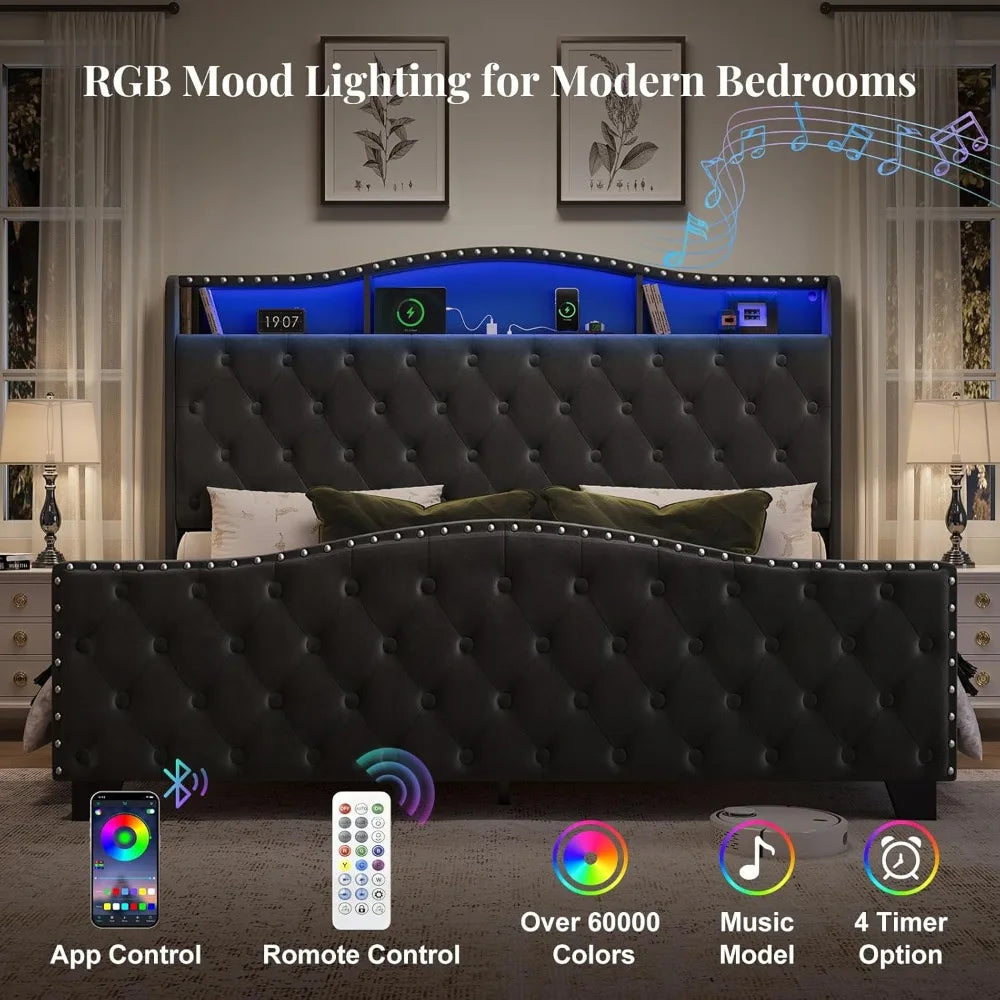 King Size Bed Frame and Headboard,with LED Lights & Storage