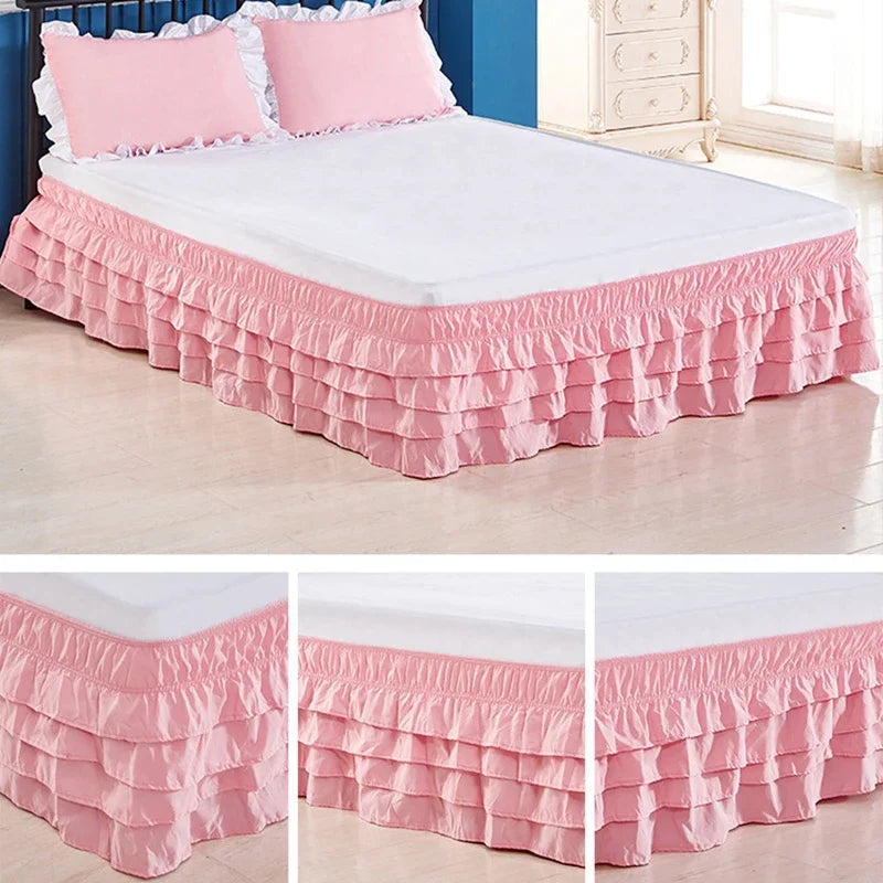 4 Layers Ruffled Bed Skirt Wrap Around Elastic bed skirt