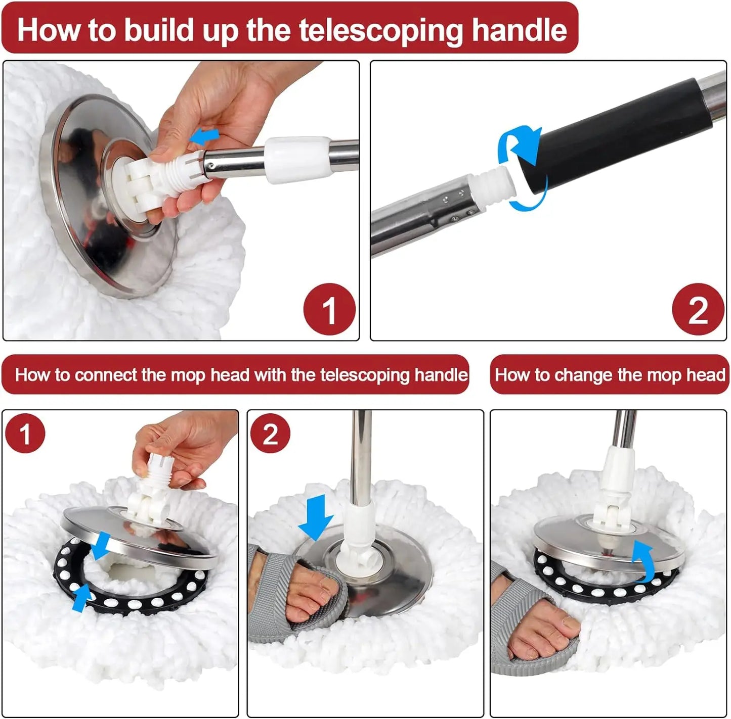 360° Spin Mop Bucket Sets with Wring System in 3 Microfiber Heads,