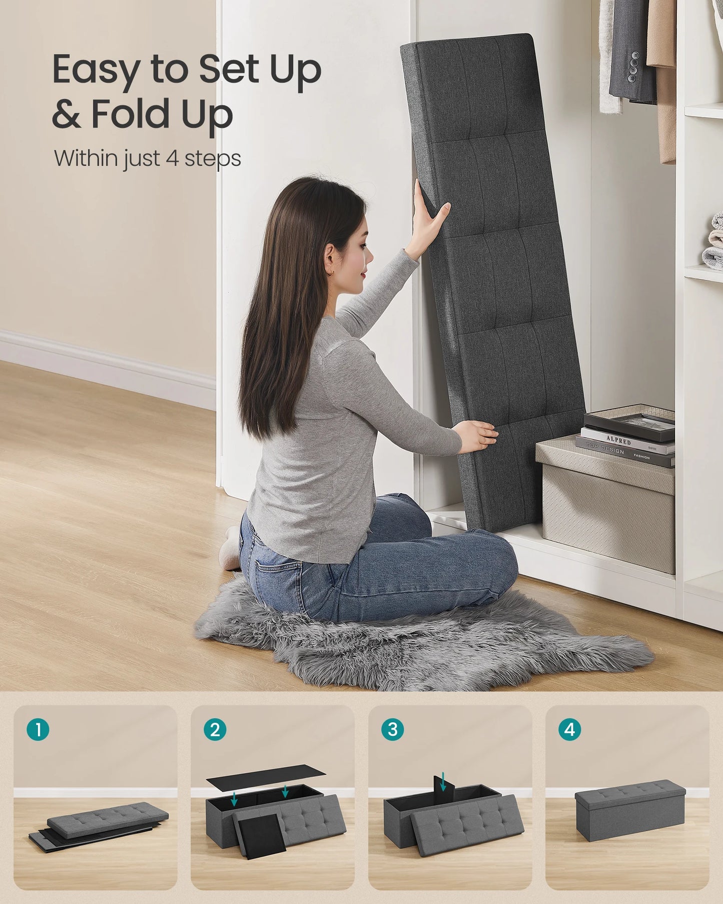 SONGMICS MAZIE Collection - 43 Inches Folding Storage          Ottoman Bench, Ottoman Foot Rest, End of Bed Bench, Storage Chest