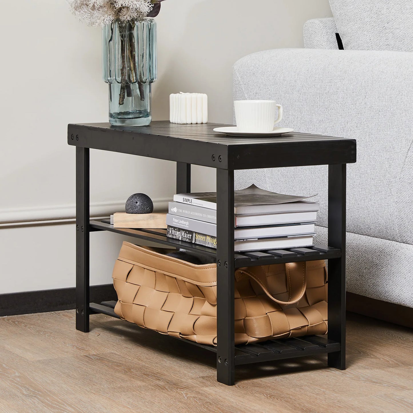 JHK Living Room 3-Tier Bamboo Shoe Rack Bench