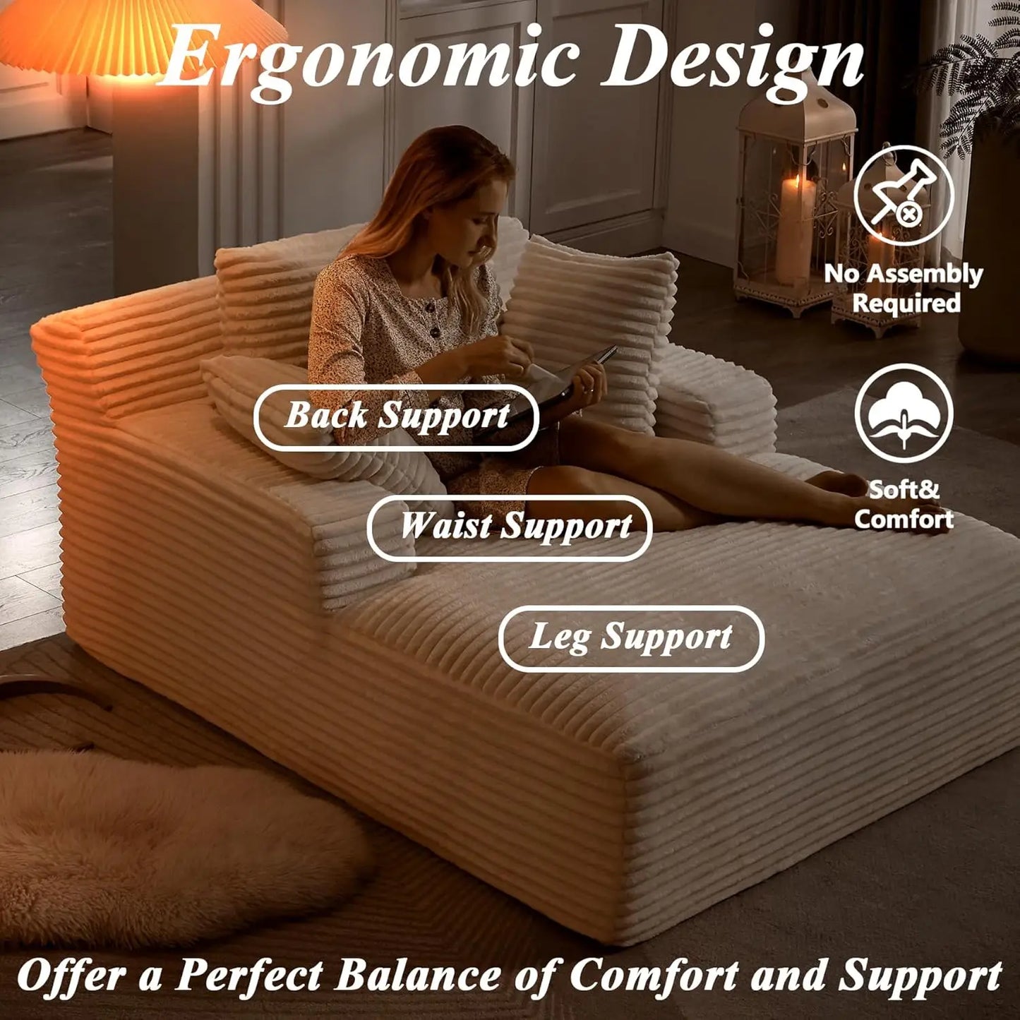 Oversized Chaise Lounge Chair with 3 Comfy Pillows