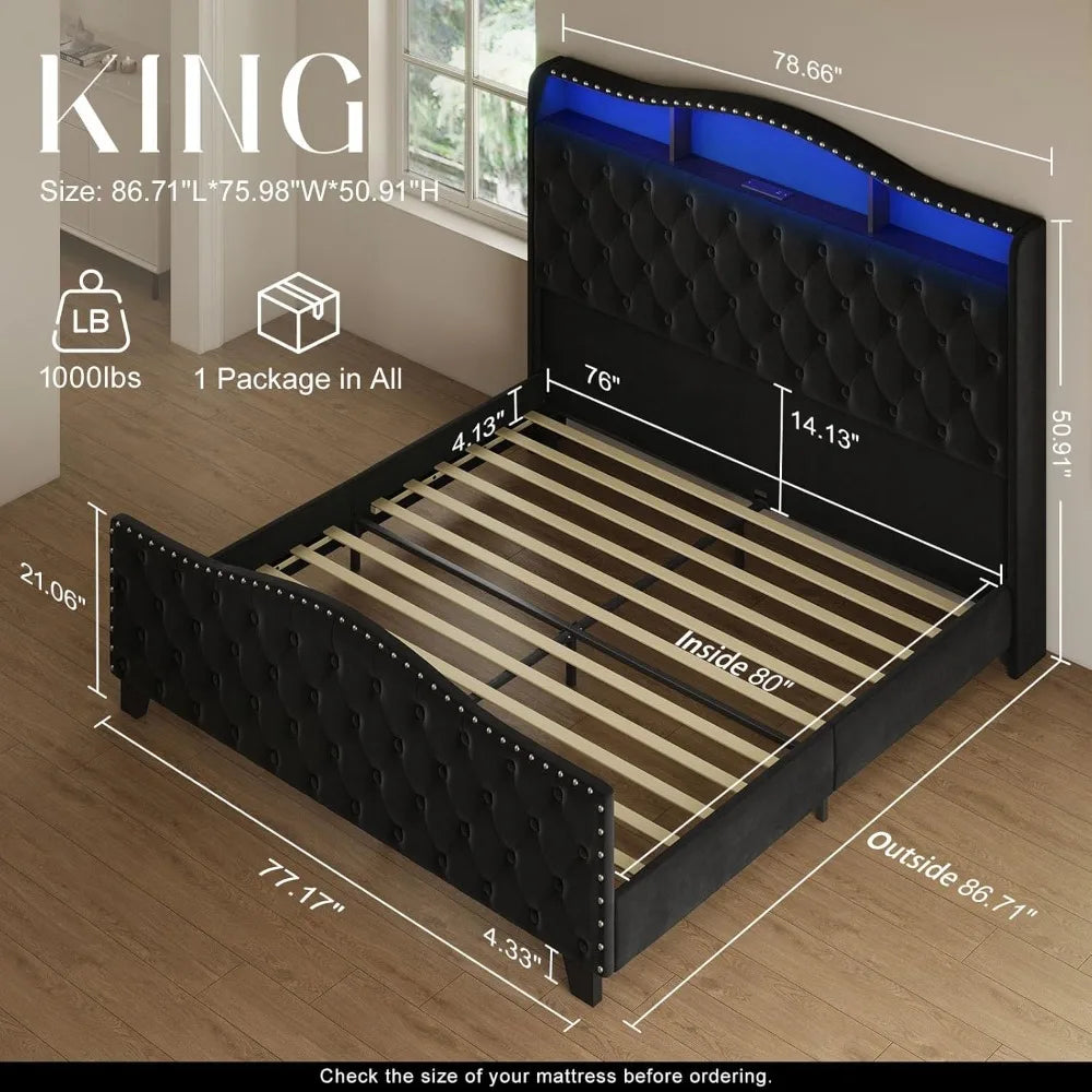 King Size Bed Frame and Headboard,with LED Lights & Storage
