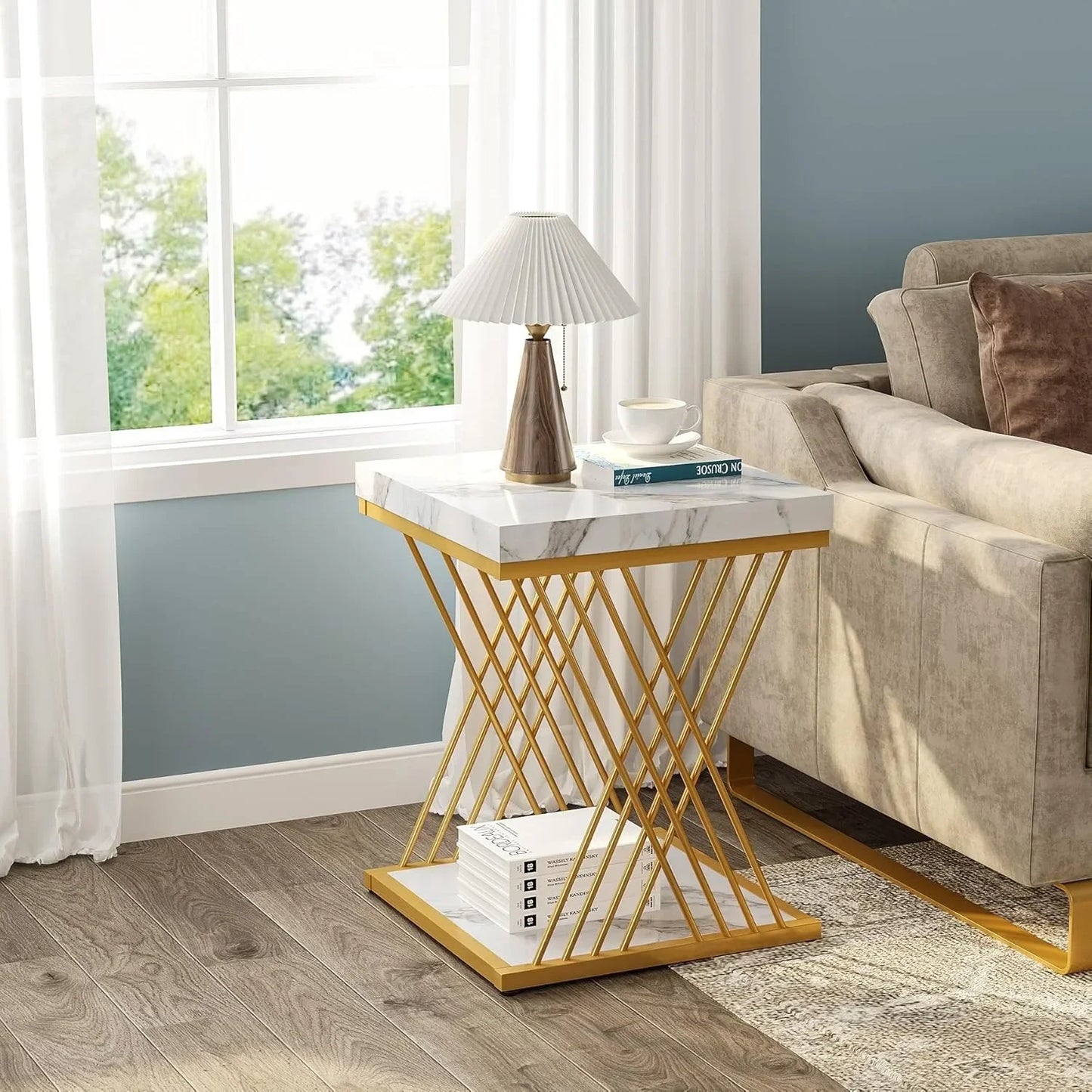 Square End Table White Gold 2-Tier Side Table Modern