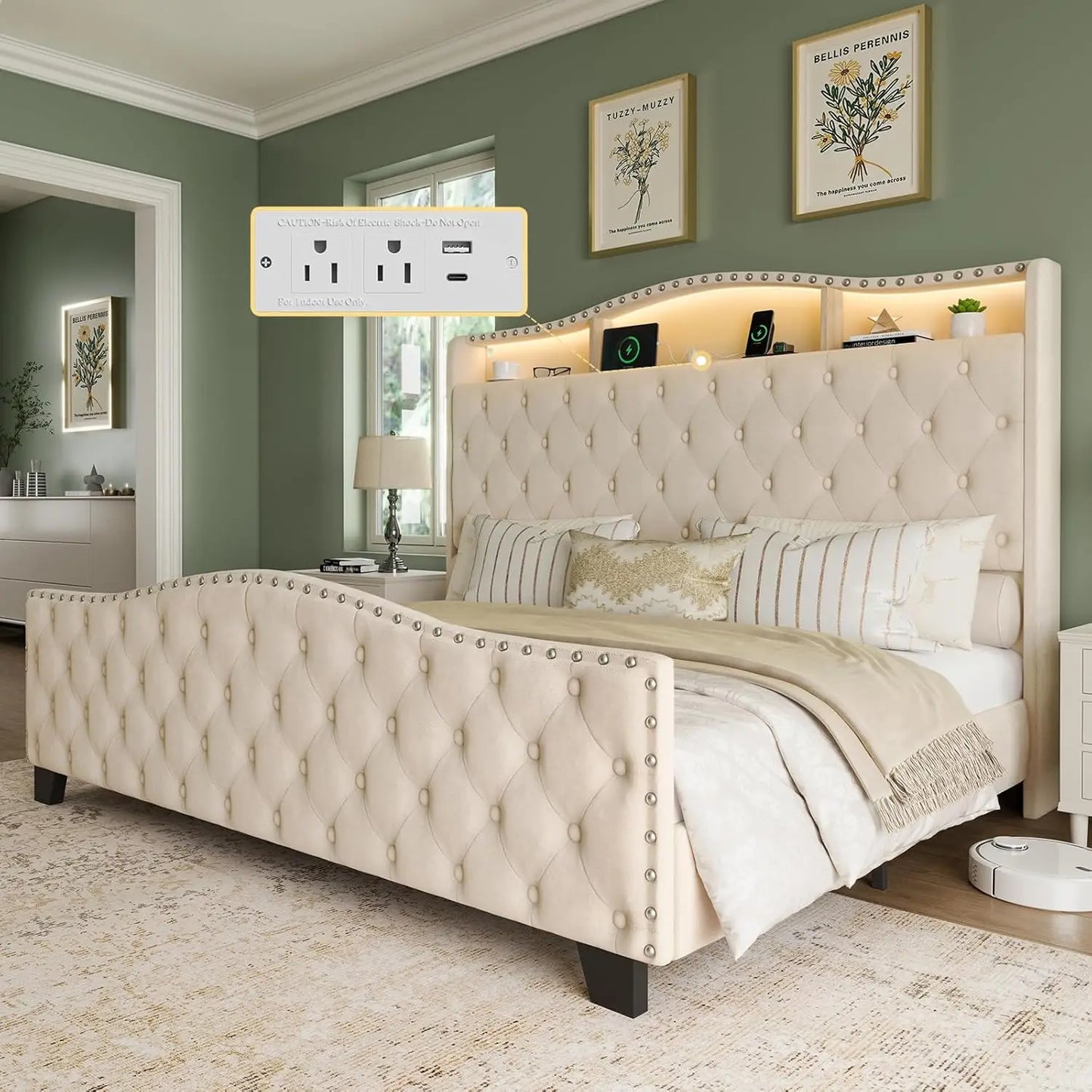 King Size Bed Frame and Headboard,with LED Lights & Storage