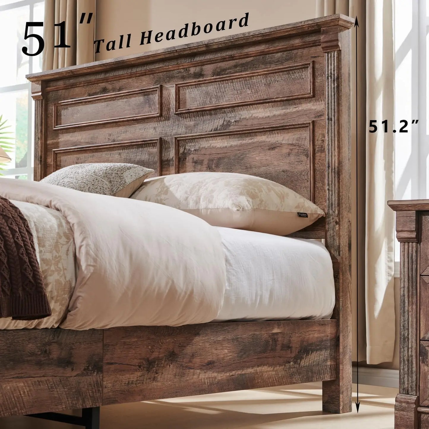 Farmhouse Queen Size Bed Frame, with 51" Tall Headboard