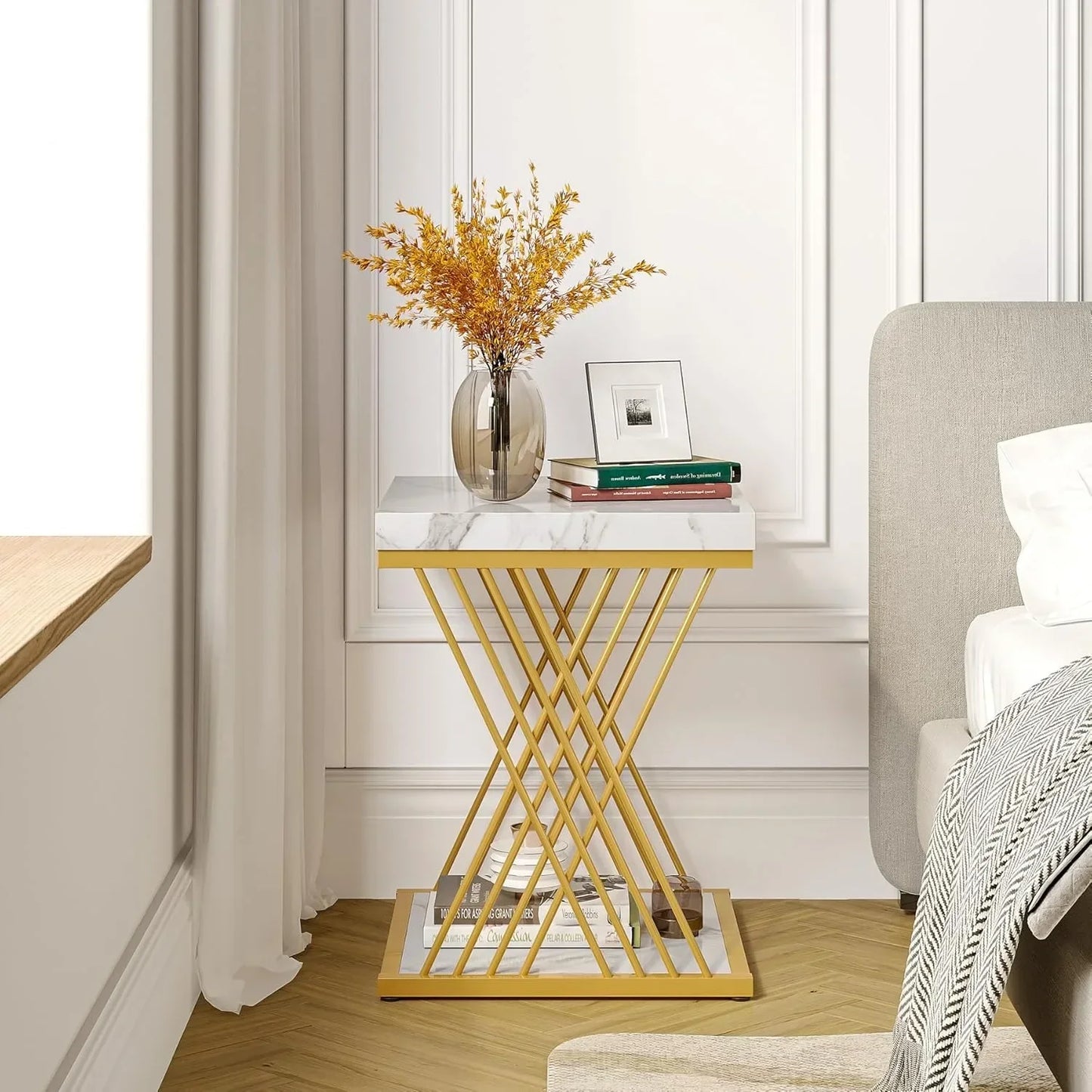Square End Table White Gold 2-Tier Side Table Modern