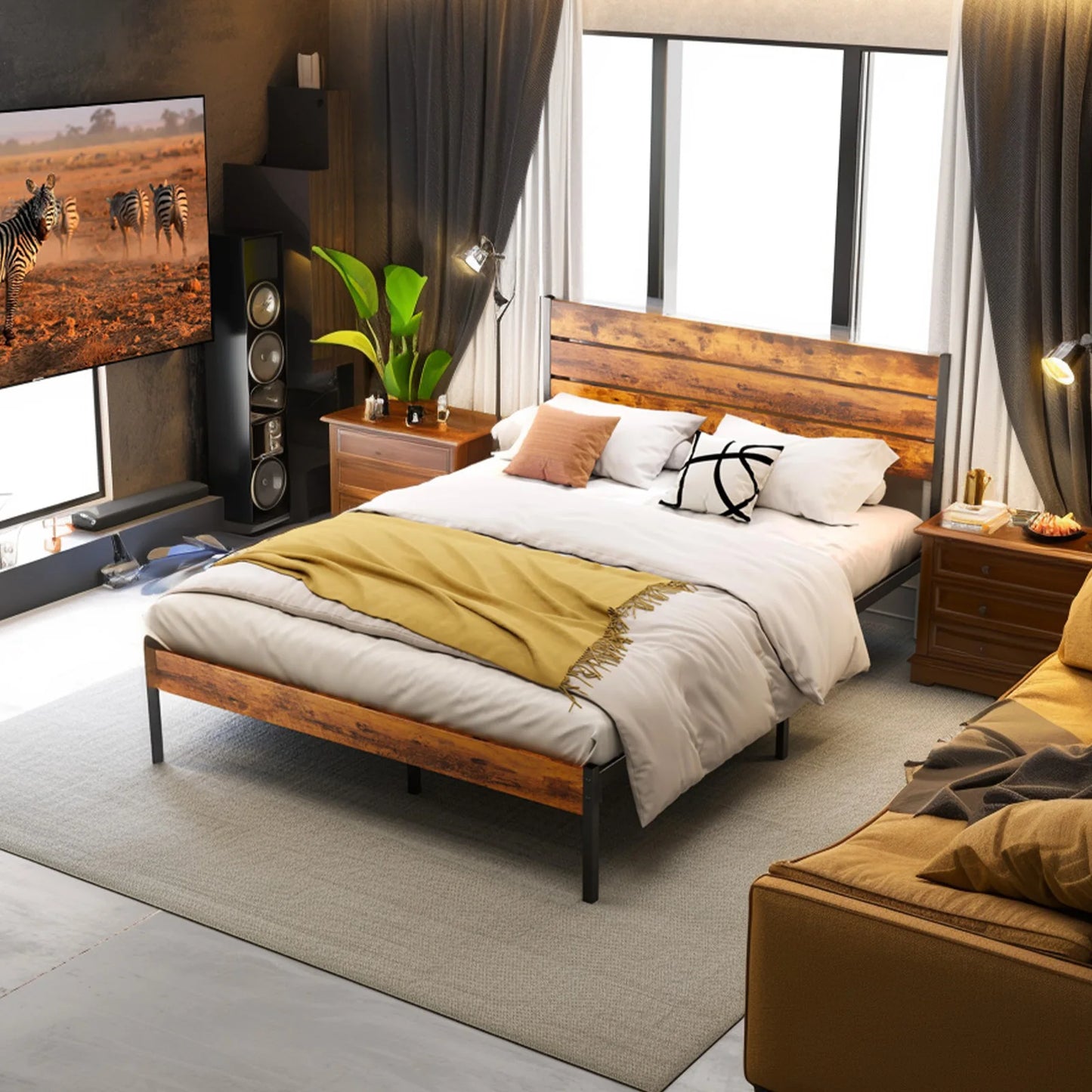 JHK Queen Size Metal Platform Bed Frame/ Headboard and Footboard