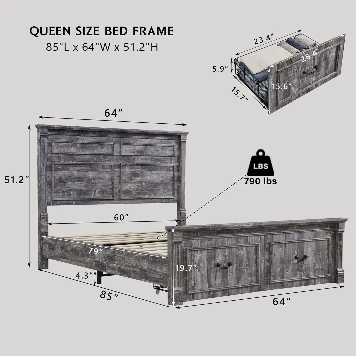 Farmhouse Queen Size Bed Frame, with 51" Tall Headboard