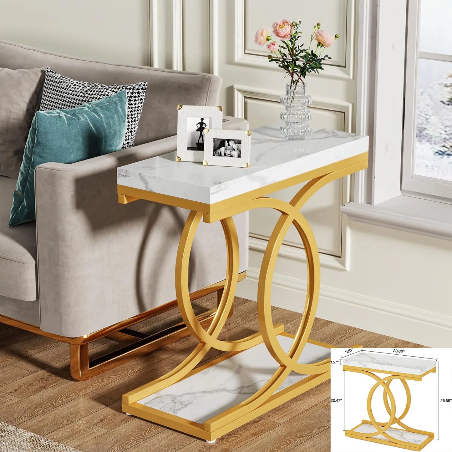 Square End Table White Gold 2-Tier Side Table Modern
