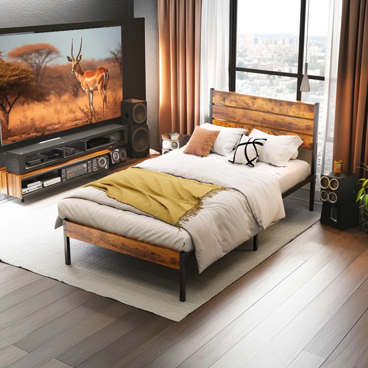 JHK Queen Size Metal Platform Bed Frame/ Headboard and Footboard