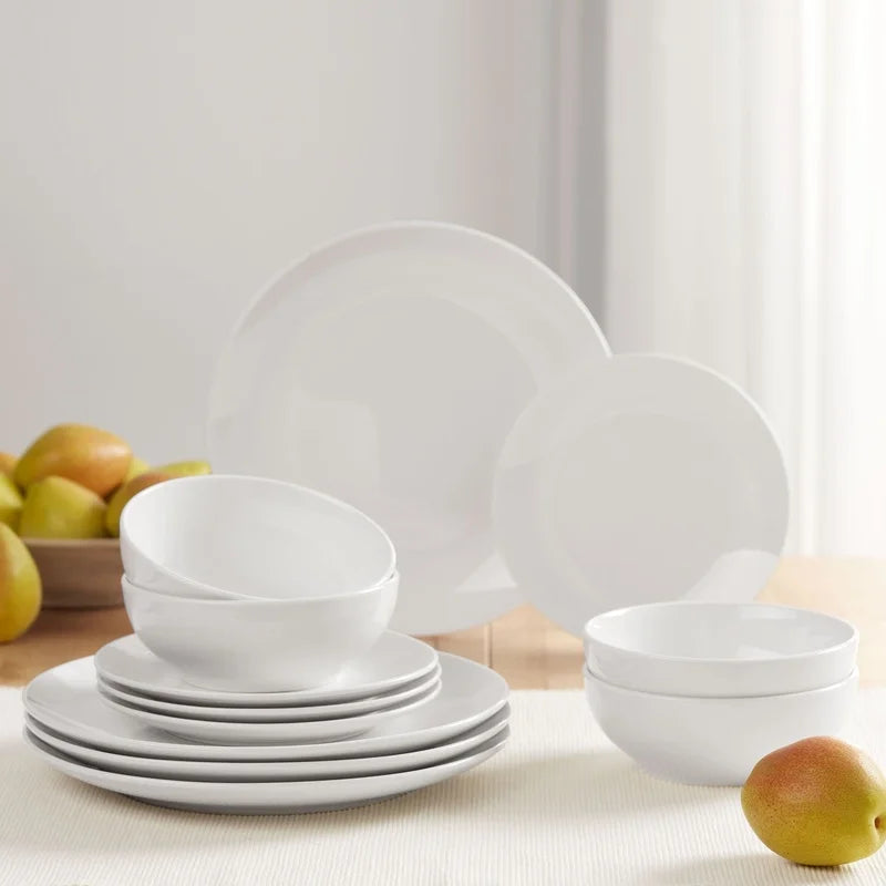 12-Piece White Stoneware Dinnerware Set of 4