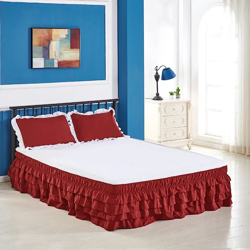 4 Layers Ruffled Bed Skirt Wrap Around Elastic bed skirt