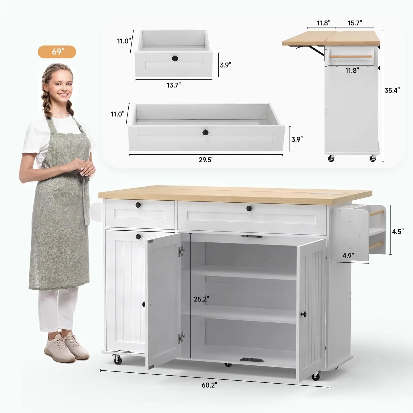 60" Mobile Kitchen Islands Rolling Trolleys