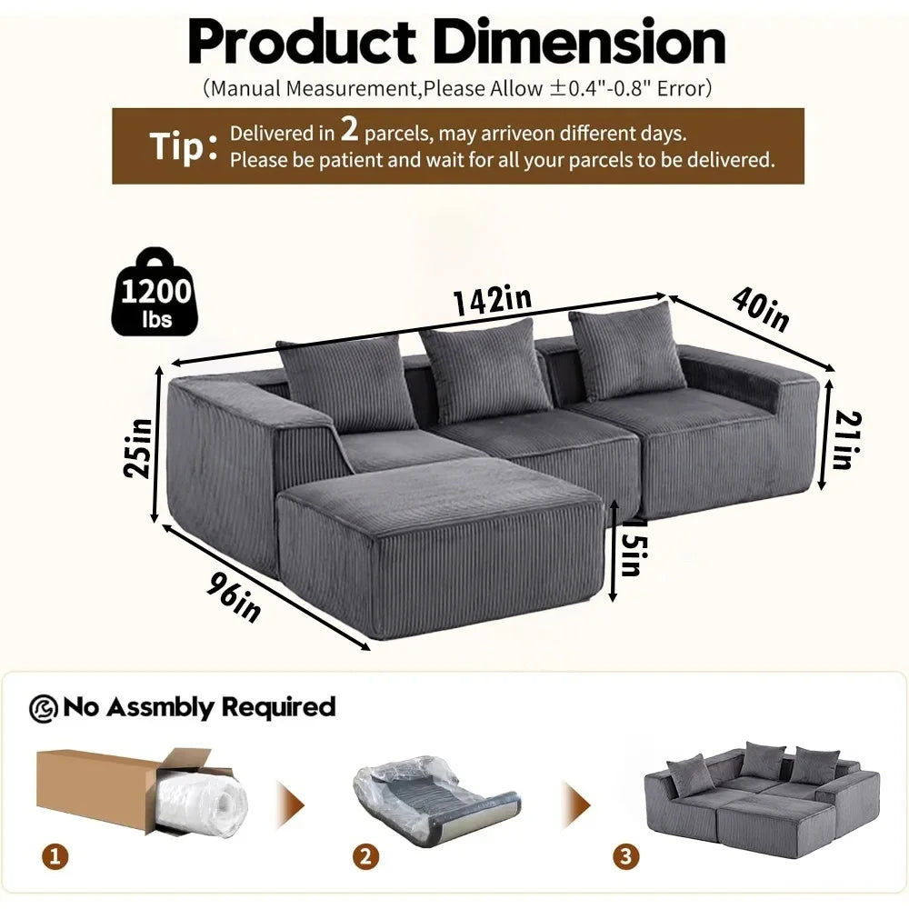 Sectional boneless Couch with L-Shape Chaise