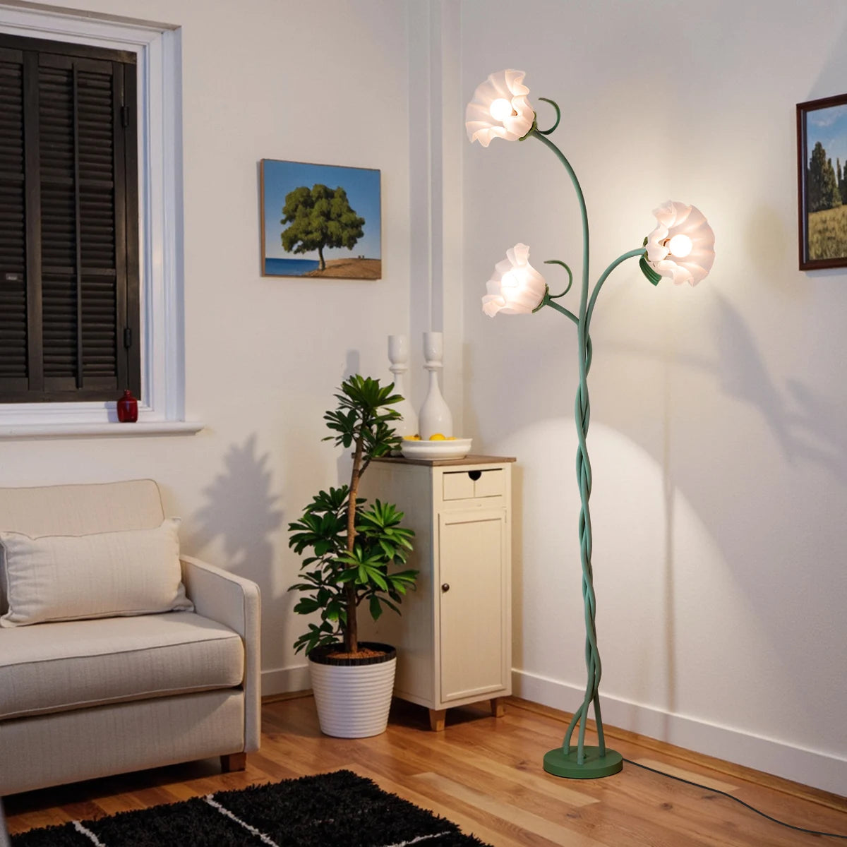 Retro 3-Head Flower Floor Lamp, Contains Bulb, 3-Color Dimmable,