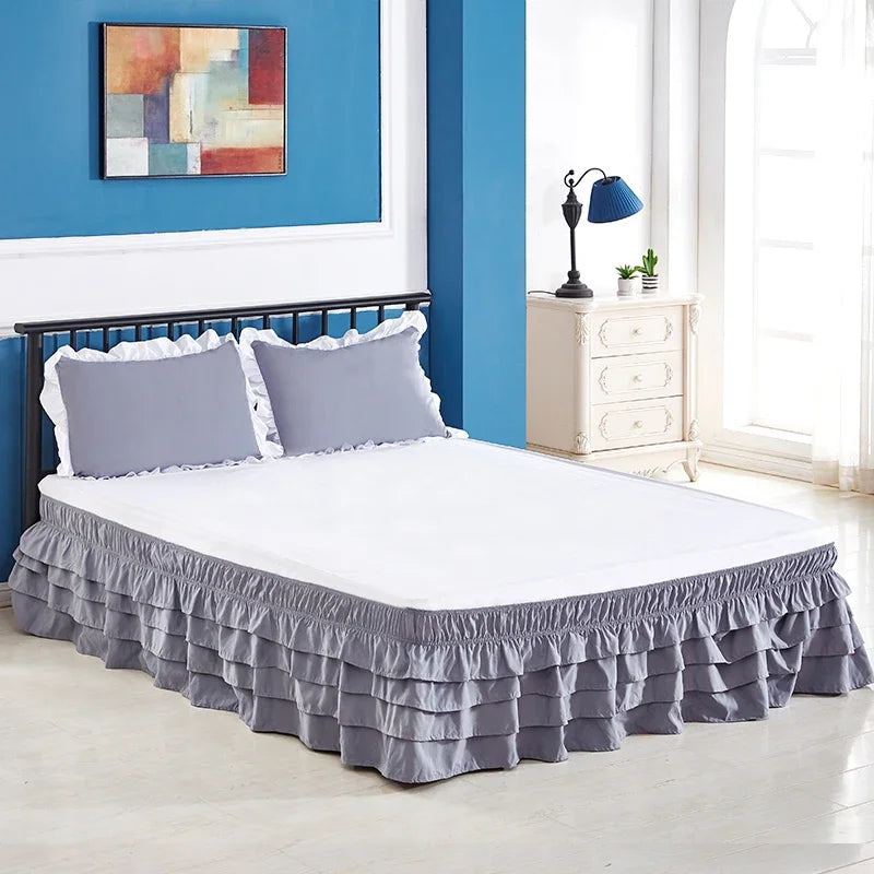 4 Layers Ruffled Bed Skirt Wrap Around Elastic bed skirt
