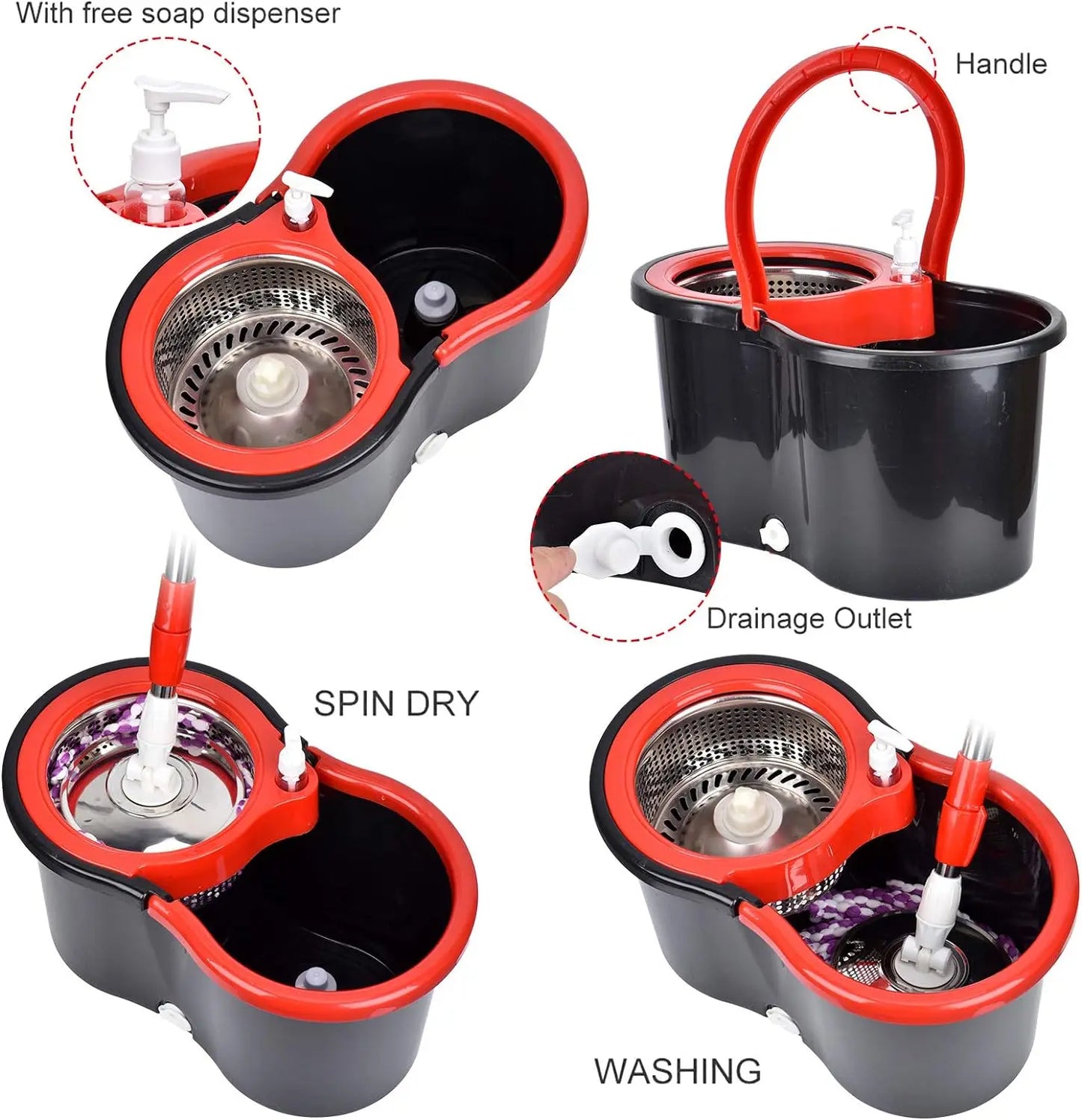 360° Spin Mop Bucket Sets with Wring System in 3 Microfiber Heads,