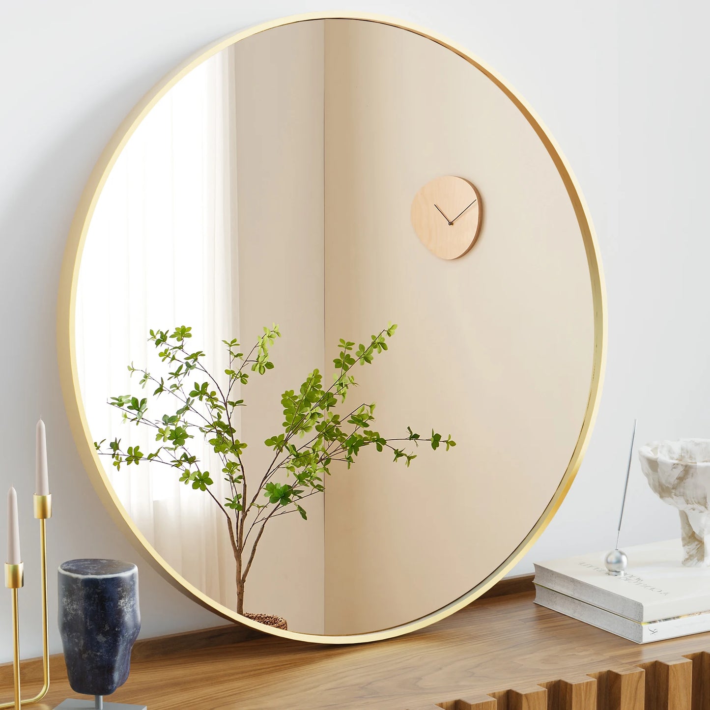 JHK Large Gold Round Vanity Framed Mirror for Wall