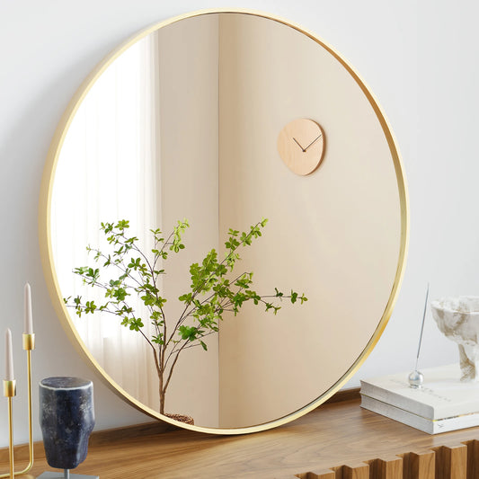JHK Large Gold Round Vanity Framed Mirror for Wall