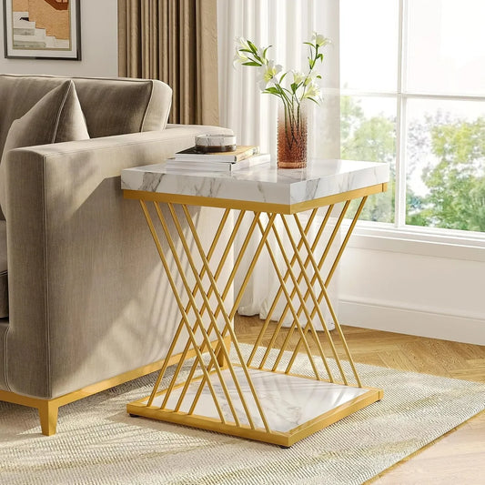 Square End Table White Gold 2-Tier Side Table Modern