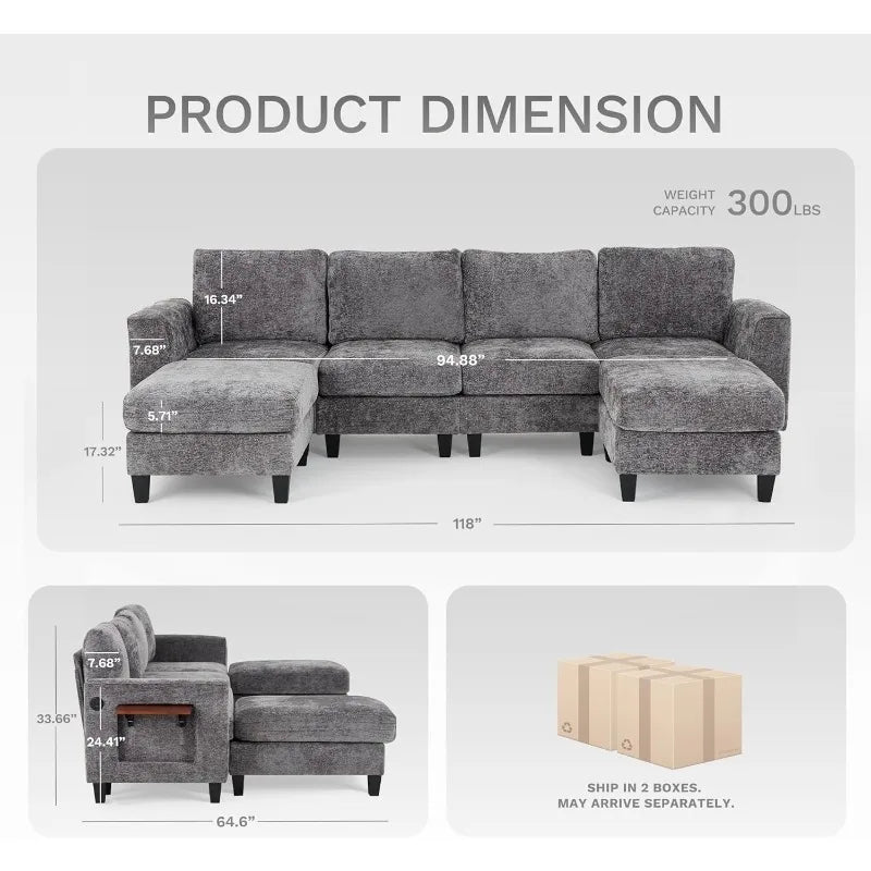 118" U-Shaped Sectional Couch For Living Room